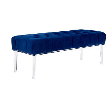 Orsina Clarence Blue Velvet Bench – Tufted Seating with Acrylic Legs
