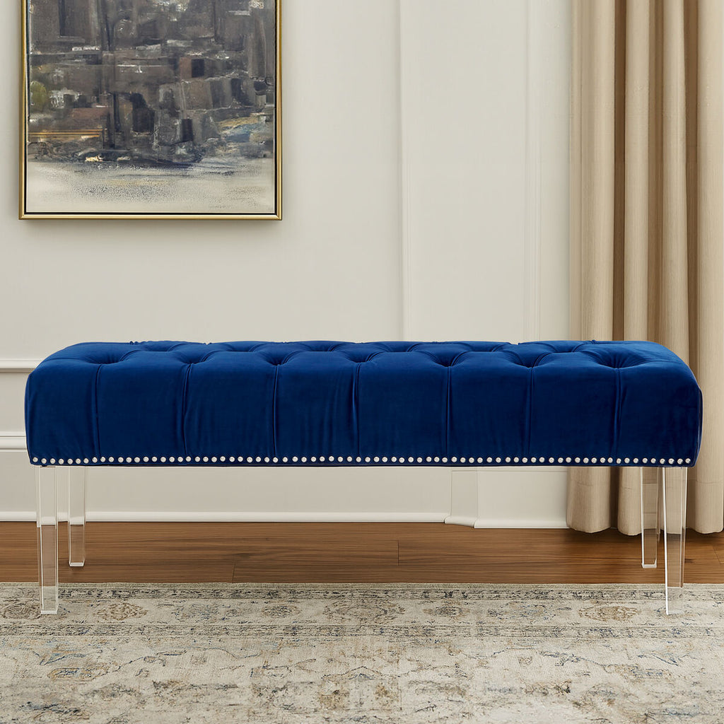 Orsina Clarence Blue Velvet Bench – Tufted Seating with Acrylic Legs