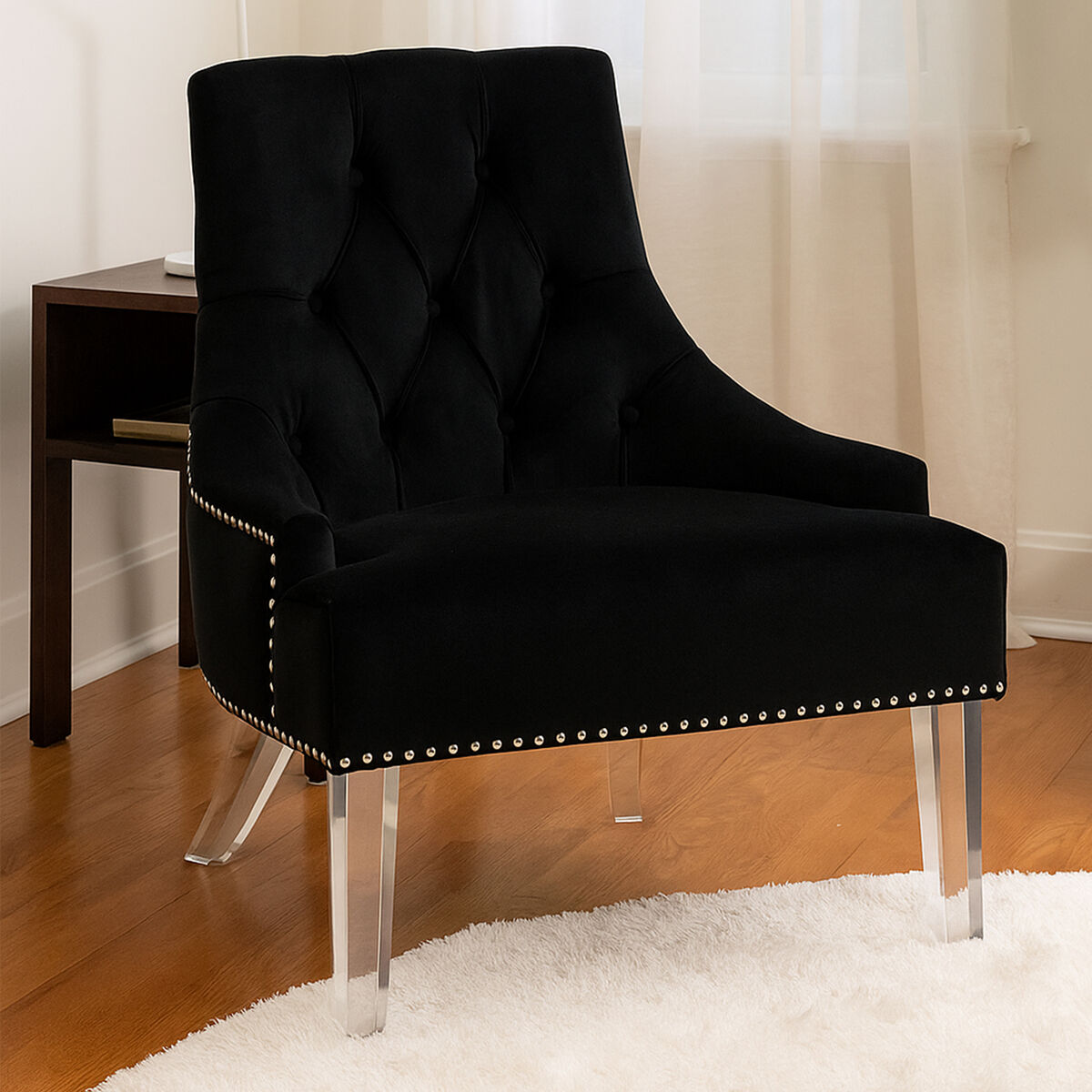 Orsina Clarence Black Velvet Tufted Accent Chair with Acrylic Legs