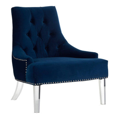 Orsina Clarence Navy Blue Velvet Tufted Accent Chair with Acrylic Legs