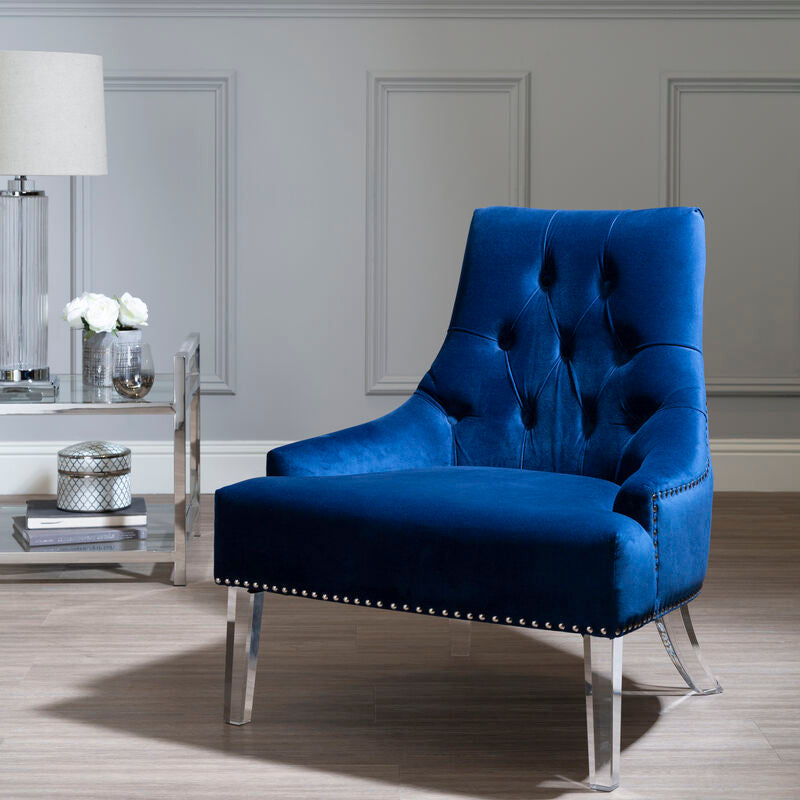 Orsina Clarence Navy Blue Velvet Tufted Accent Chair with Acrylic Legs