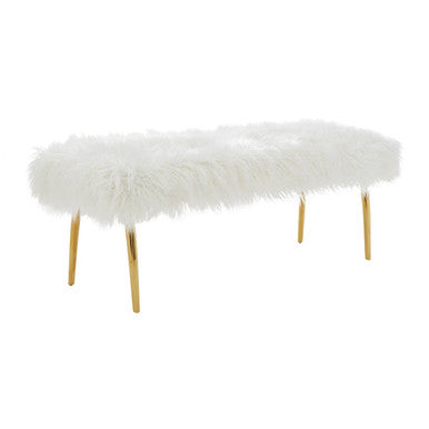 Orsina Clarence Faux Fur Bench with Gold Legs – White Entryway Seating