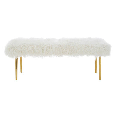 Orsina Clarence Faux Fur Bench with Gold Legs – White Entryway Seating