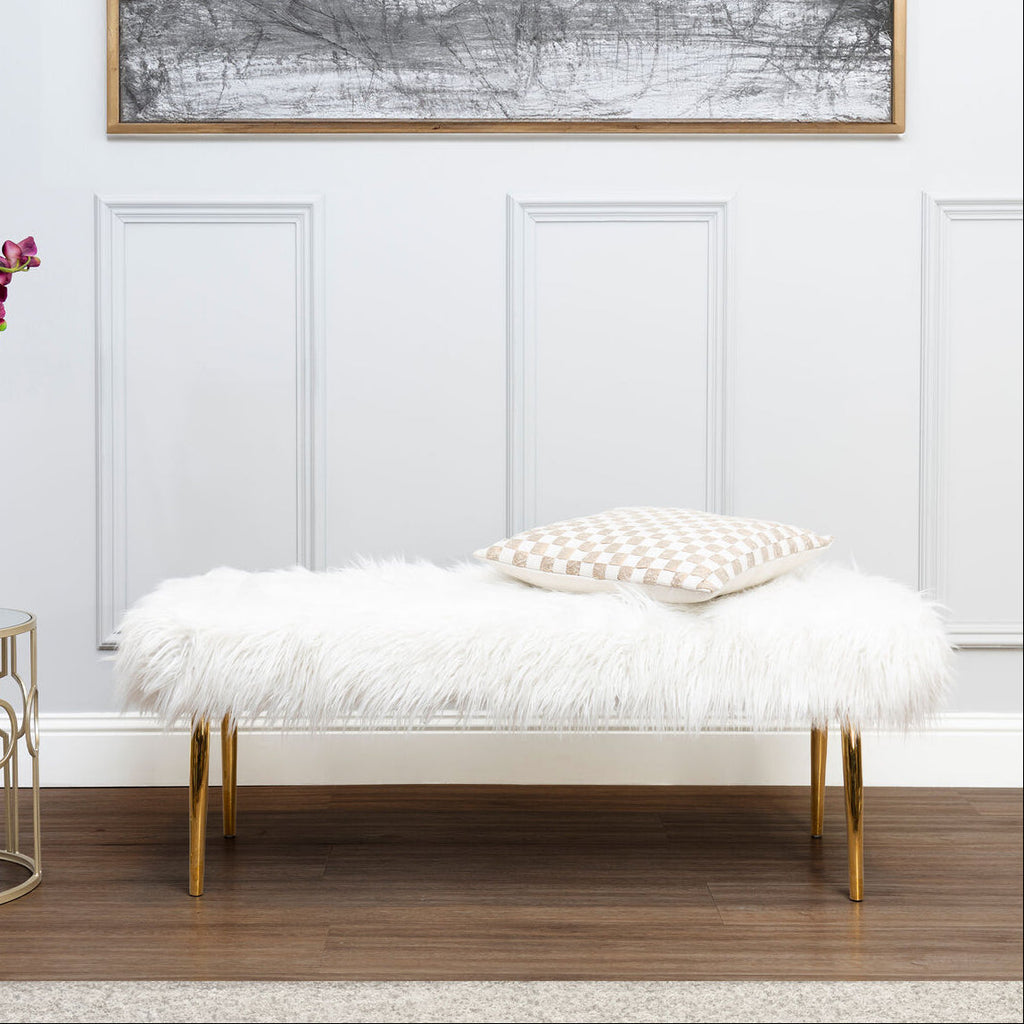 Orsina Clarence Faux Fur Bench with Gold Legs – White Entryway Seating