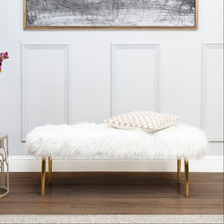 Orsina Clarence Faux Fur Bench with Gold Legs – White Entryway Seating