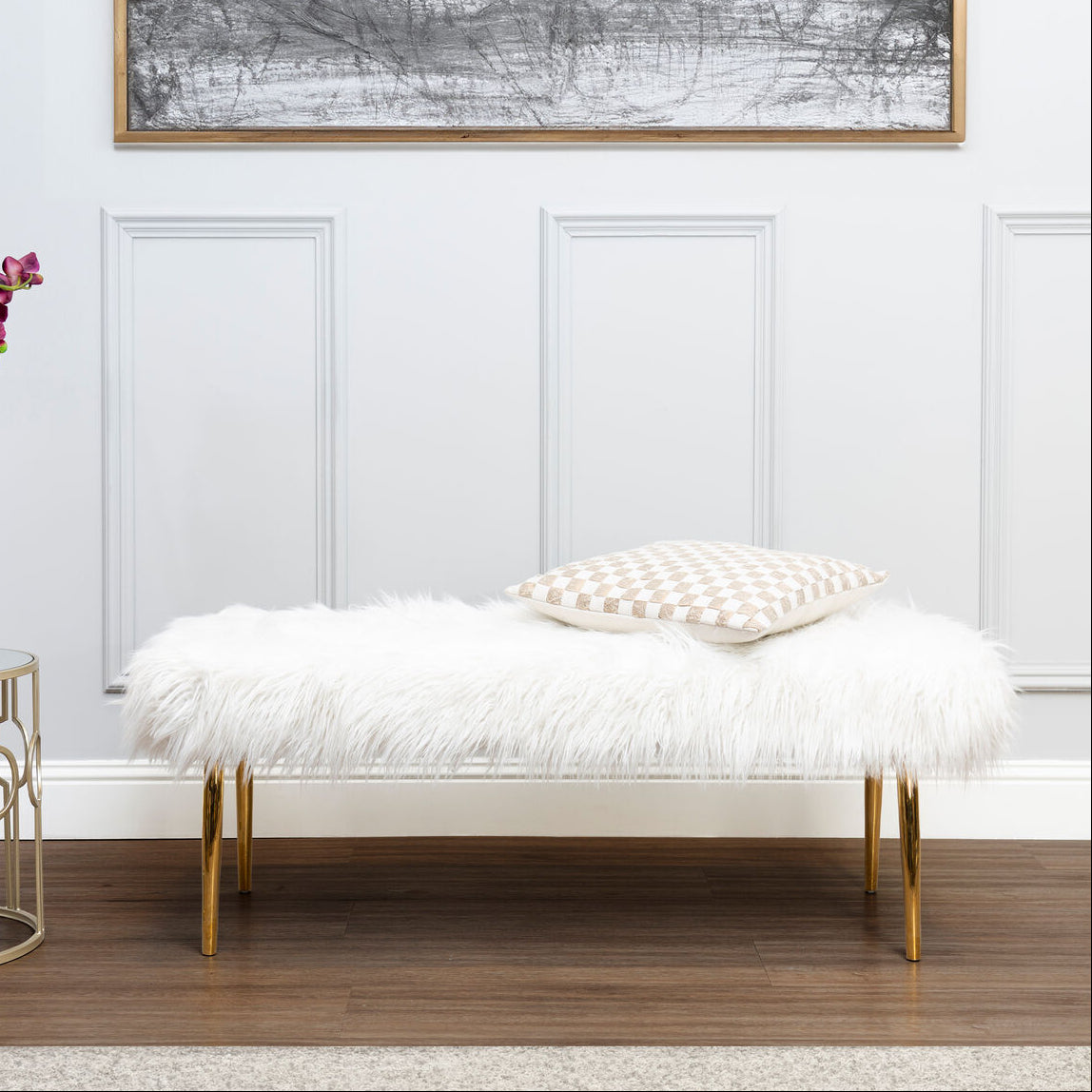 Orsina Clarence Faux Fur Bench with Gold Legs – White Entryway Seating