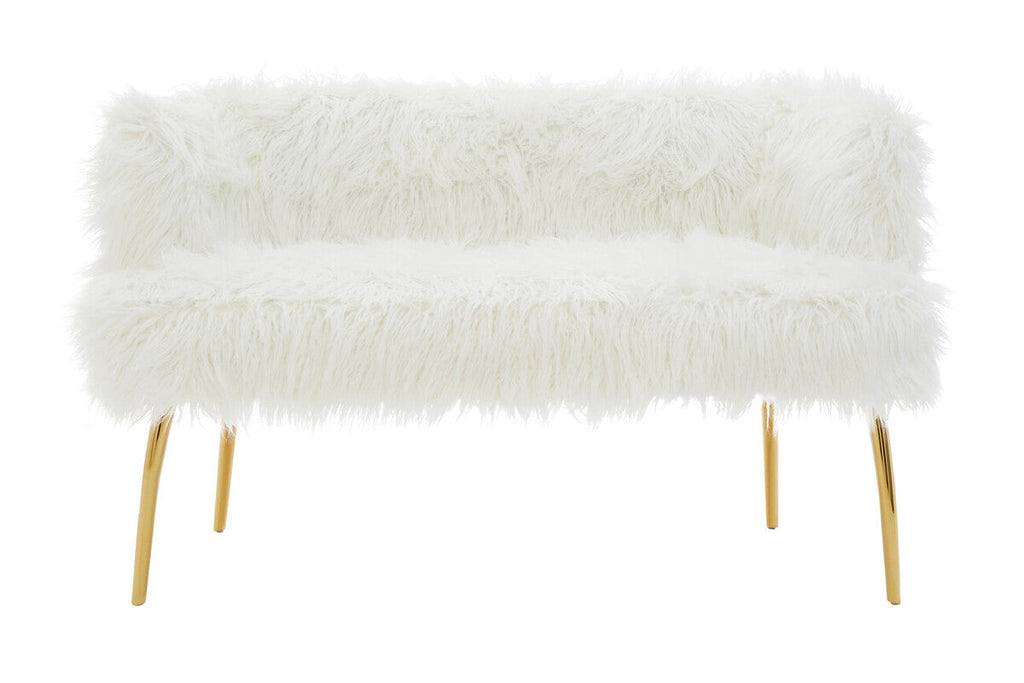 Orsina Clarence White Faux Fur Sofa with Curved Back and Gold Legs