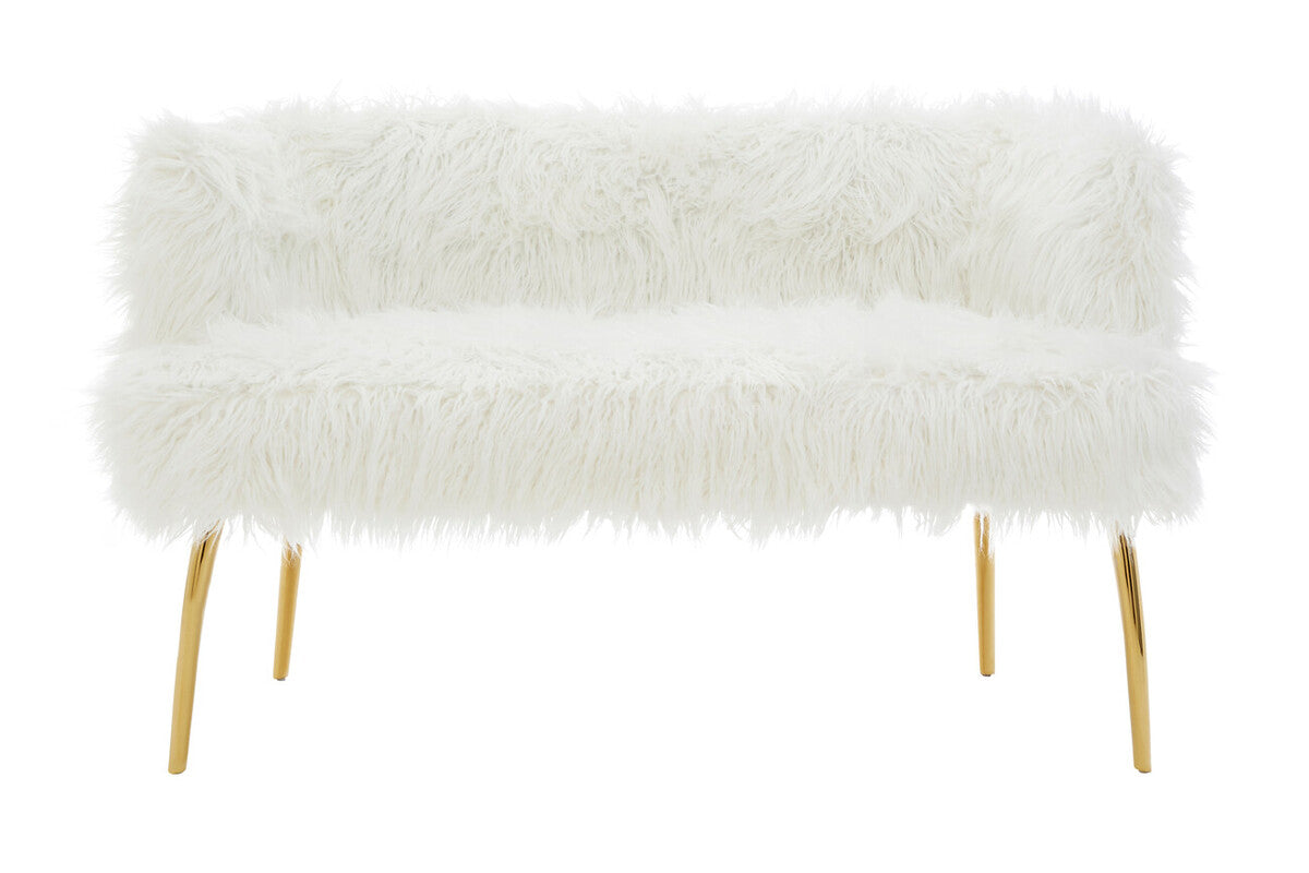 Orsina Clarence White Faux Fur Sofa with Curved Back and Gold Legs