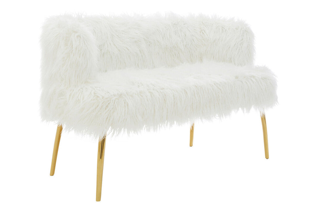 Orsina Clarence White Faux Fur Sofa with Curved Back and Gold Legs