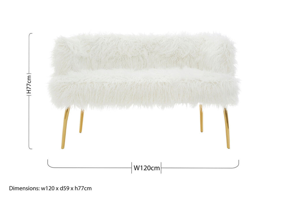 Orsina Clarence White Faux Fur Sofa with Curved Back and Gold Legs