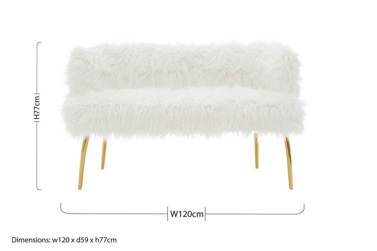 Orsina Clarence White Faux Fur Sofa with Curved Back and Gold Legs