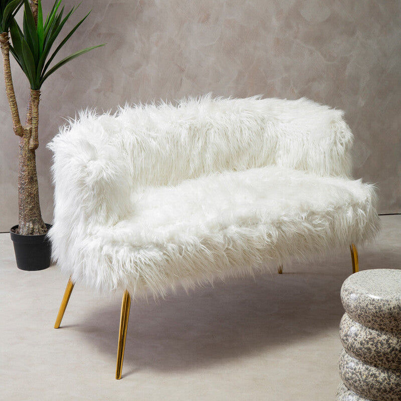 Orsina Clarence White Faux Fur Sofa with Curved Back and Gold Legs