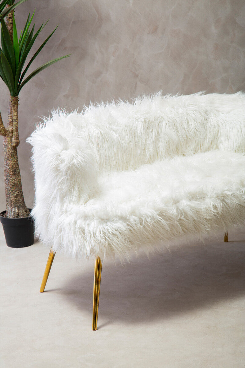 Orsina Clarence White Faux Fur Sofa with Curved Back and Gold Legs