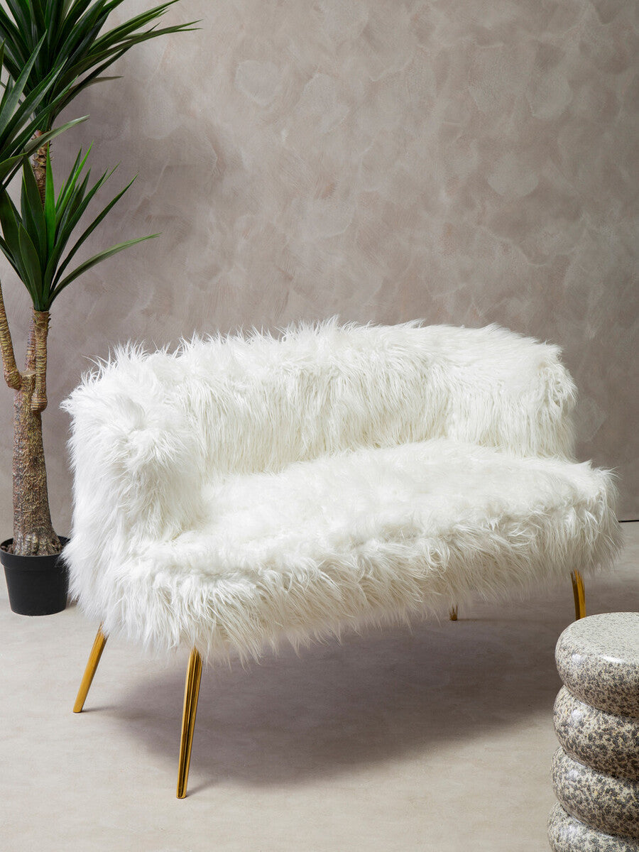 Orsina Clarence White Faux Fur Sofa with Curved Back and Gold Legs