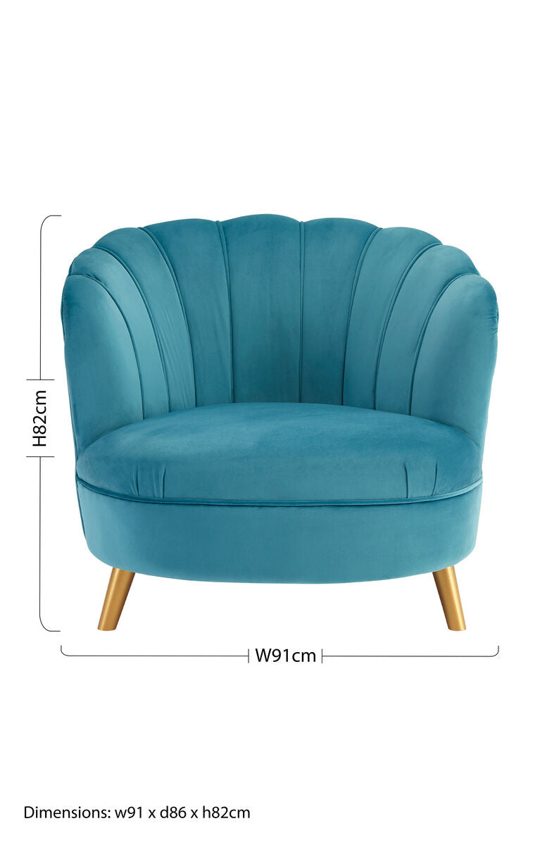 Orsina Orlina Blue Velvet Scalloped Curved Chair | Gold Wood Legs