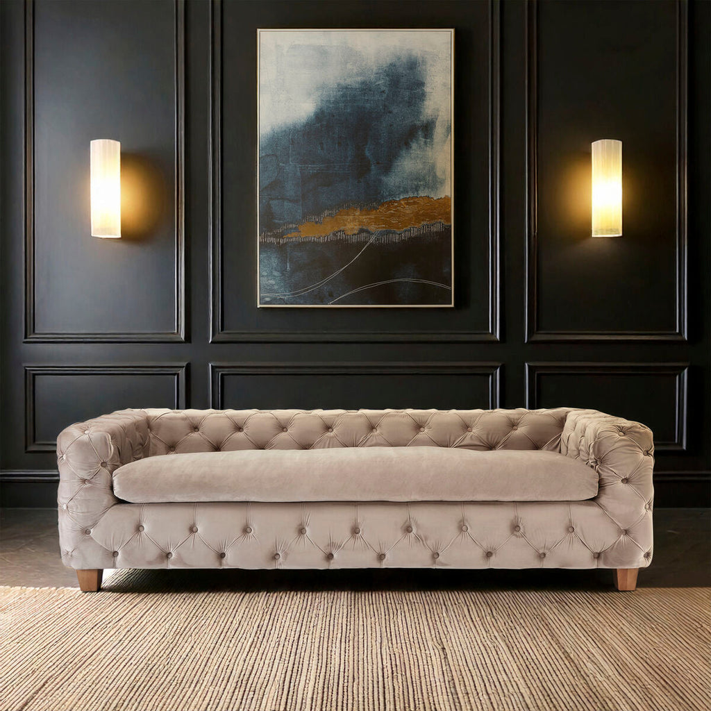 Orsina Ophelia 3 Seater Beige Velvet Sofa | Tufted Modern Couch