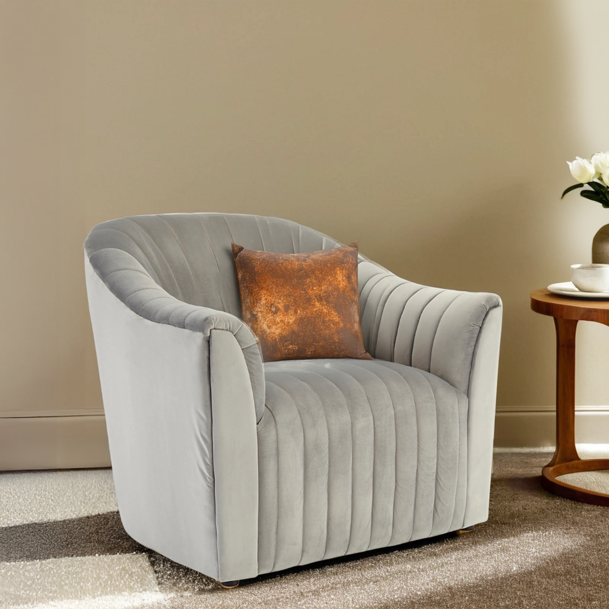 Orsina Opel Grey Velvet Armchair – Channel Tufted Accent Lounge Chair