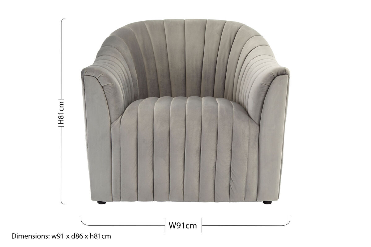 Orsina Opel Grey Velvet Armchair – Channel Tufted Accent Lounge Chair