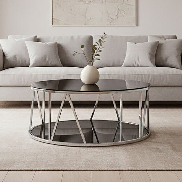 Orsina Alvaro Round Chrome Coffee Table with Black Tempered Glass