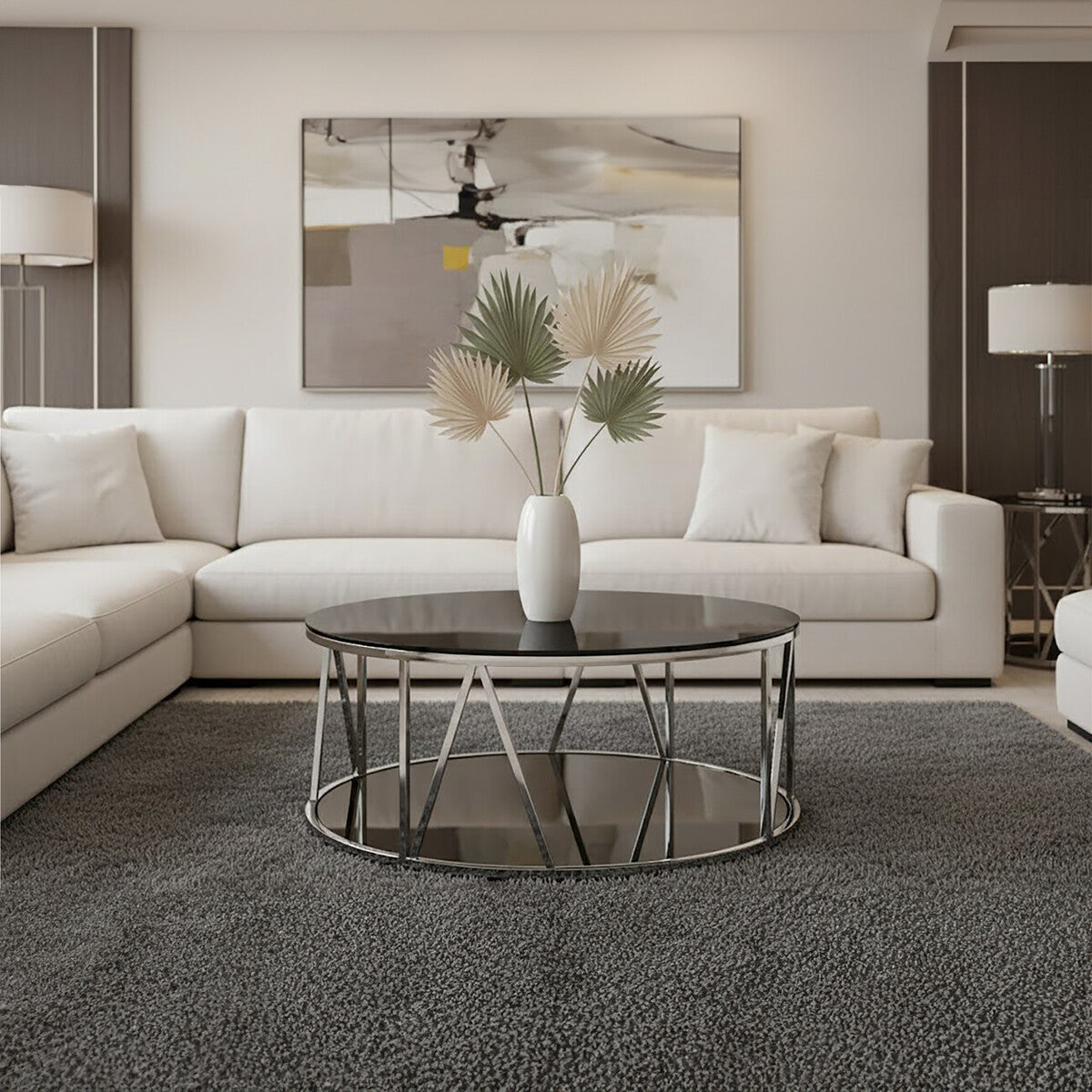 Orsina Alvaro Round Chrome Coffee Table with Black Tempered Glass
