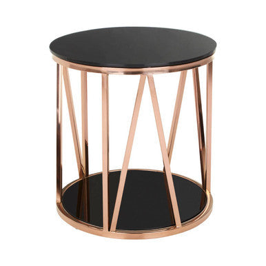 Orsina Alvaro Round Side Table – Black Glass & Rose Gold Base