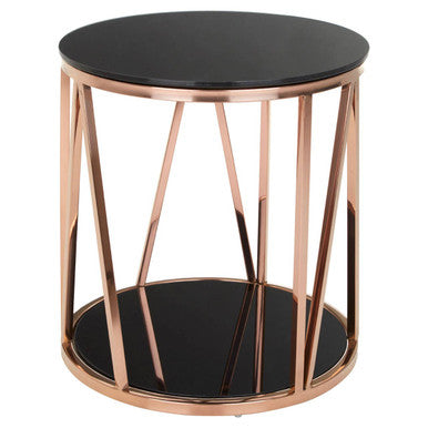 Orsina Alvaro Round Side Table – Black Glass & Rose Gold Base