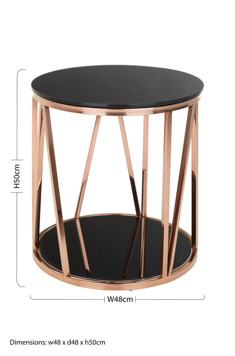 Orsina Alvaro Round Side Table – Black Glass & Rose Gold Base