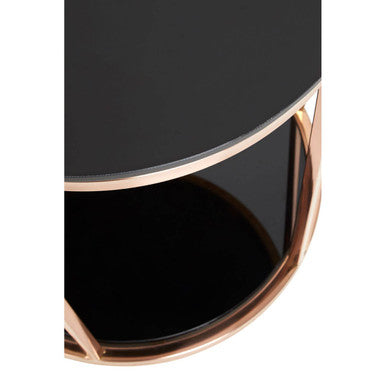 Orsina Alvaro Round Side Table – Black Glass & Rose Gold Base