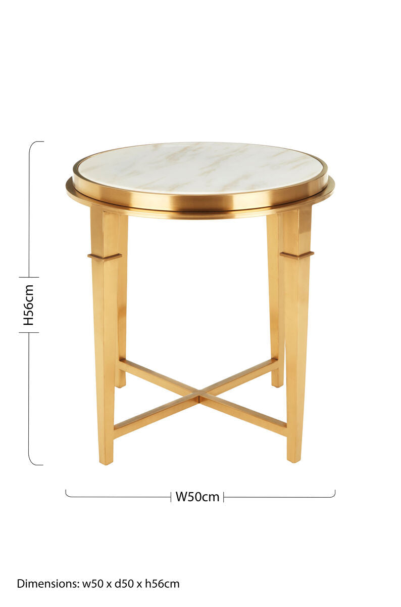 Orsina Alvaro Round White Marble Side Table – Gold Stainless Steel