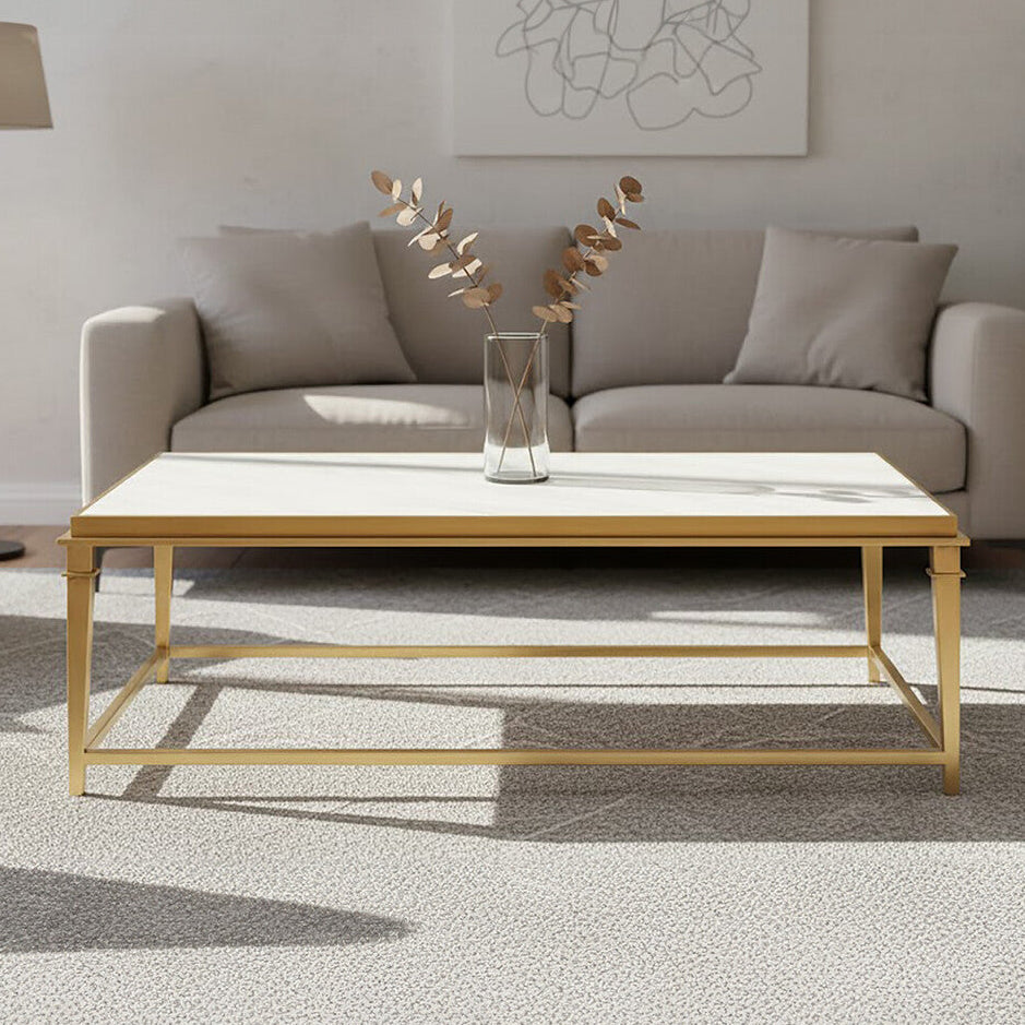 Orsina Alvaro White Marble Coffee Table – Rectangular Gold Frame