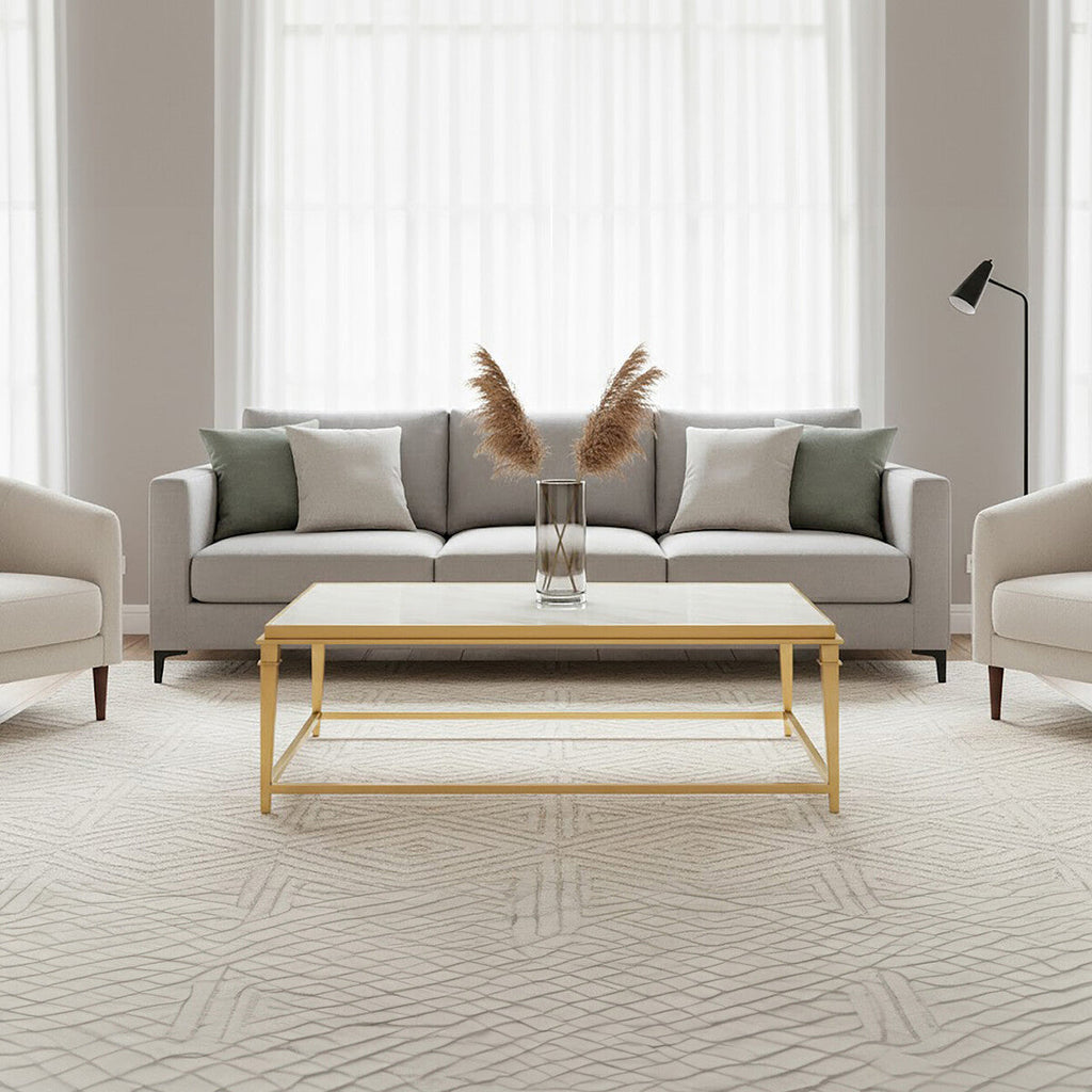 Orsina Alvaro White Marble Coffee Table – Rectangular Gold Frame