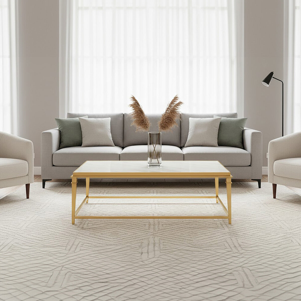 Orsina Alvaro White Marble Coffee Table – Rectangular Gold Frame