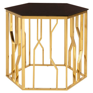 Orsina Alvaro Hexagonal Side Table – Gold Stainless Steel & Black Glass
