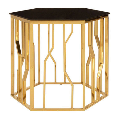 Orsina Alvaro Hexagonal Side Table – Gold Stainless Steel & Black Glass