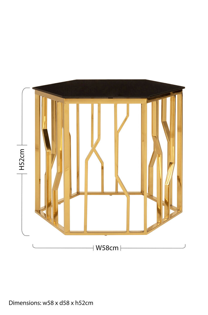 Orsina Alvaro Hexagonal Side Table – Gold Stainless Steel & Black Glass