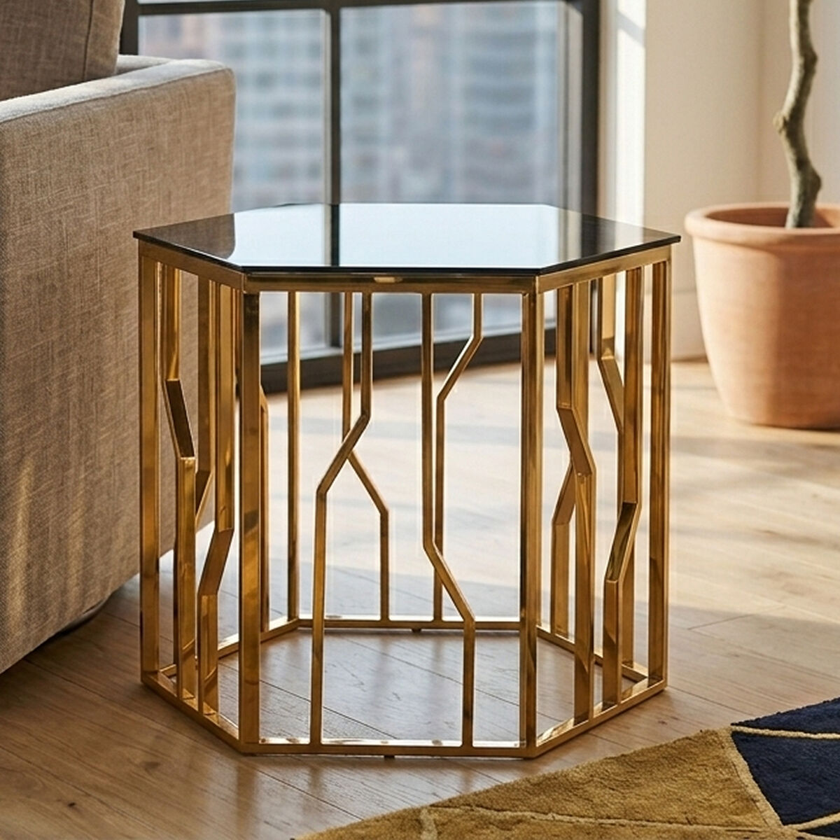 Orsina Alvaro Hexagonal Side Table – Gold Stainless Steel & Black Glass