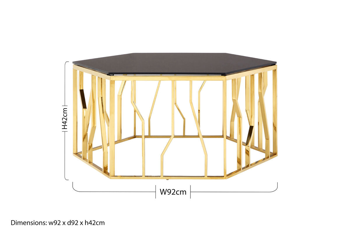 Orsina Alvaro Hexagonal Coffee Table | Gold Stainless Steel & Black Glass