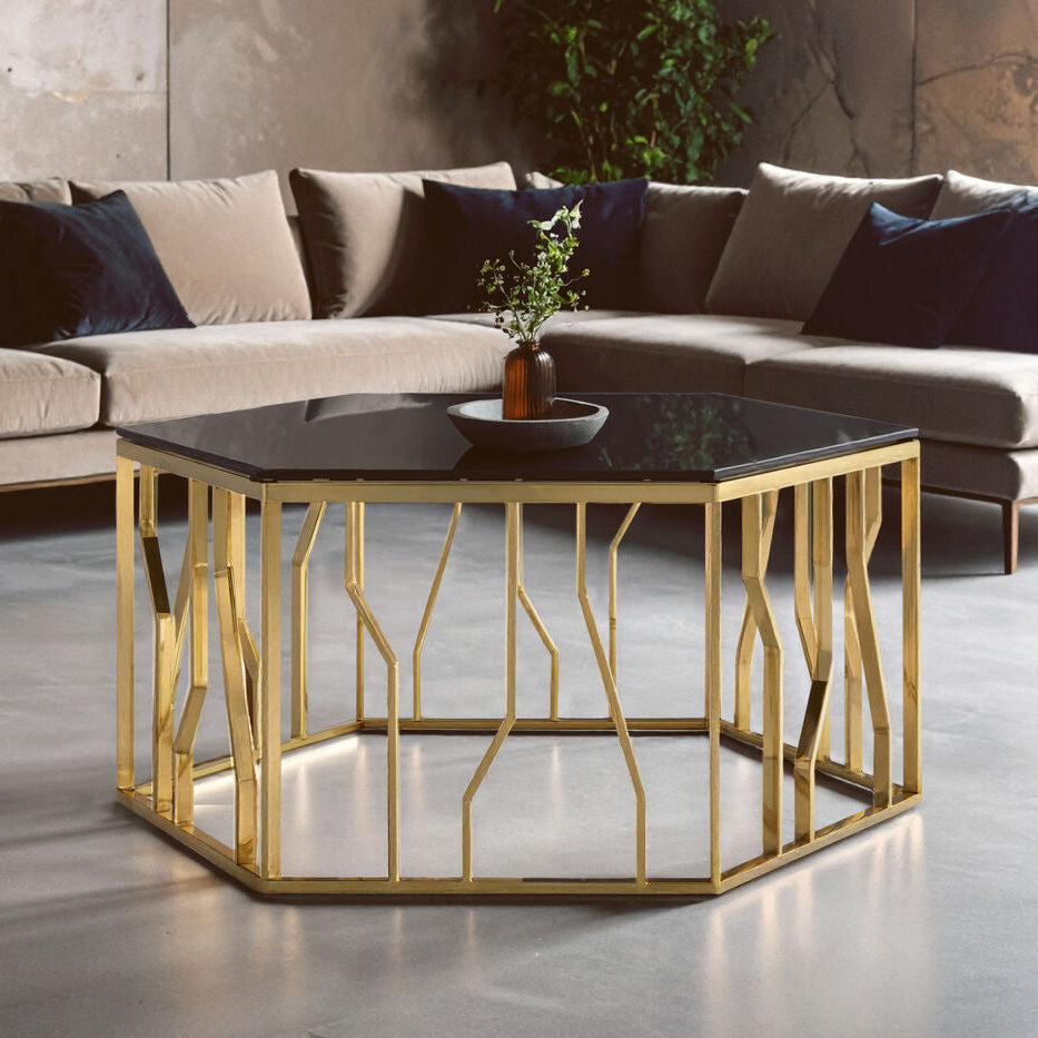 Orsina Alvaro Hexagonal Coffee Table | Gold Stainless Steel & Black Glass