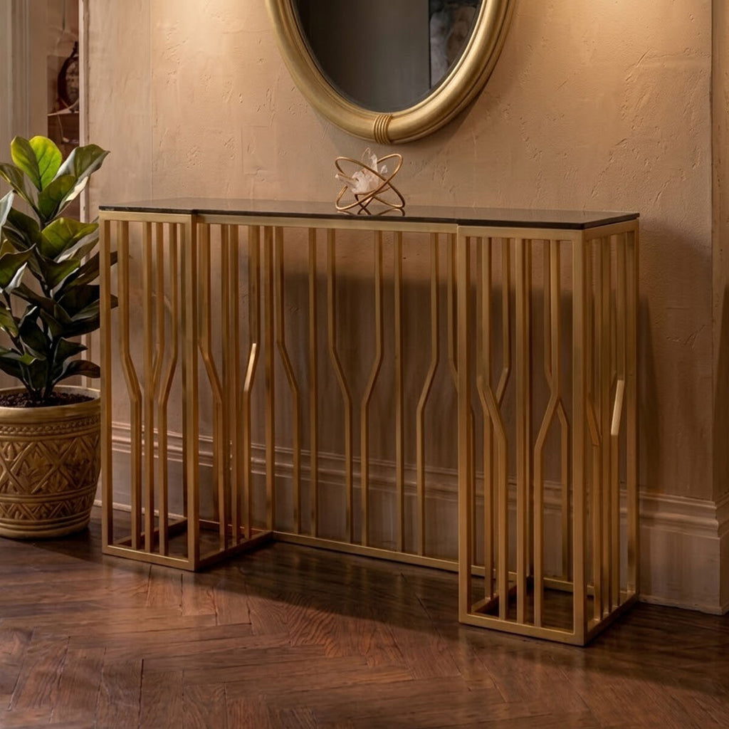 Orsina Alvaro Console Table – Gold Stainless Steel & Black Glass