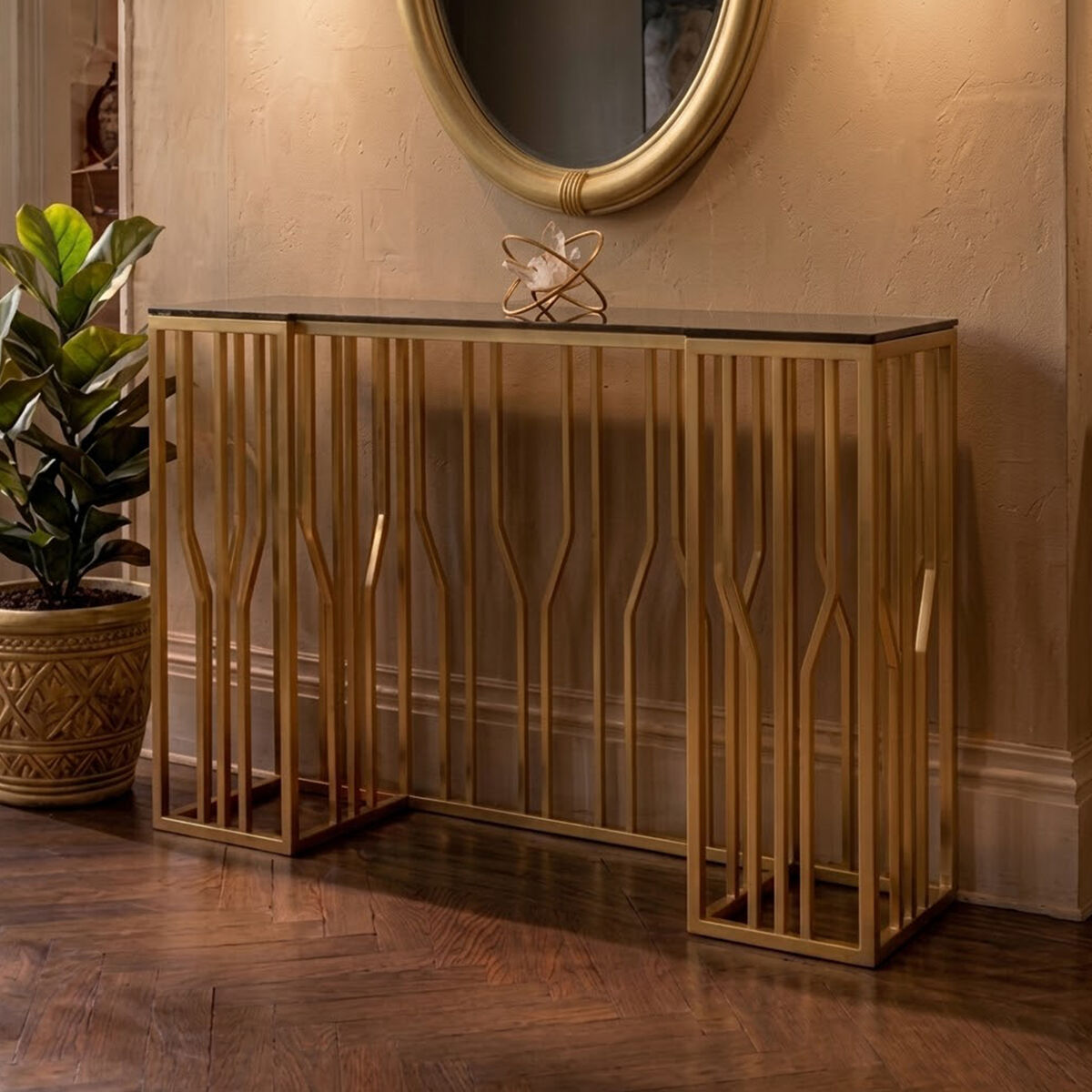 Orsina Alvaro Console Table – Gold Stainless Steel & Black Glass