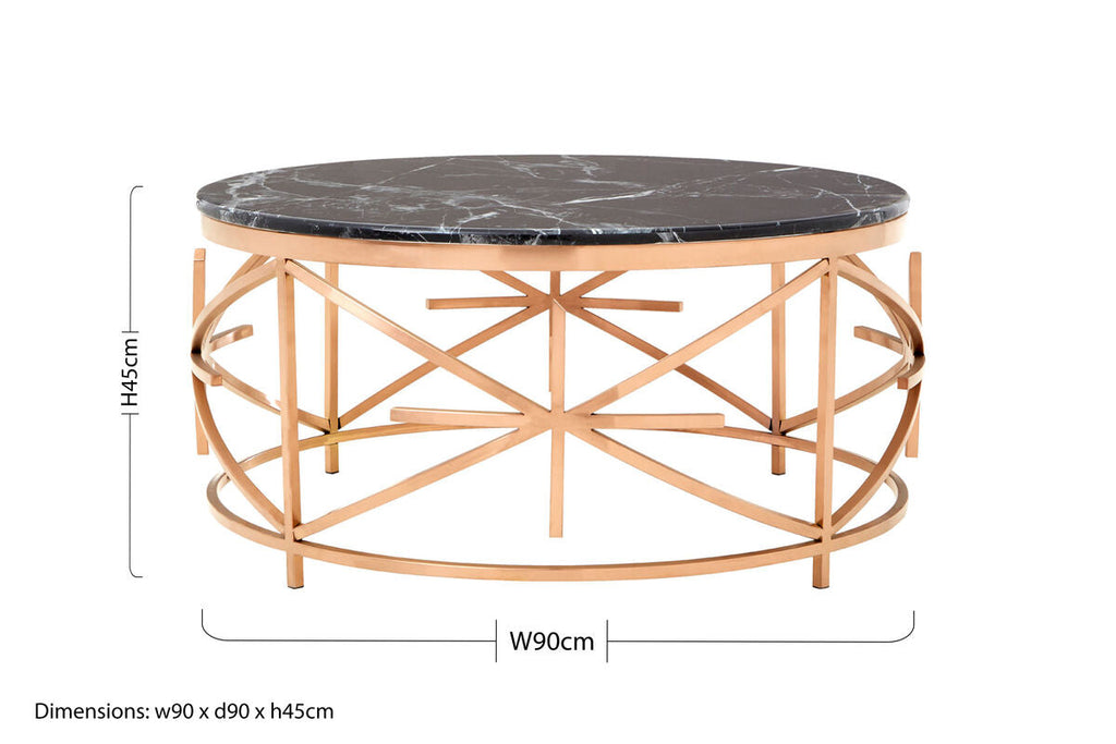 Orsina Alvaro Round Black Marble Coffee Table – Rose Gold Frame