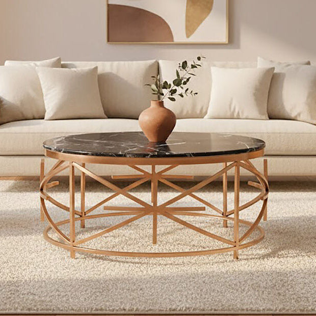 Orsina Alvaro Round Black Marble Coffee Table – Rose Gold Frame