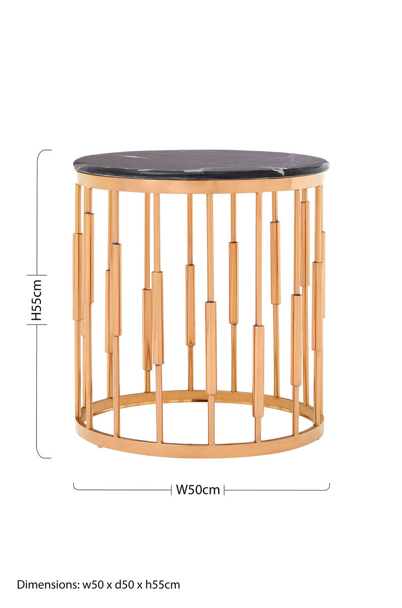 Orsina Alvaro Round Side Table – Rose Gold Copper & Black Marble