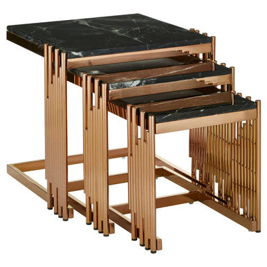 Orsina Alvaro Nest of 3 Square Tables | Black Marble & Rose Gold