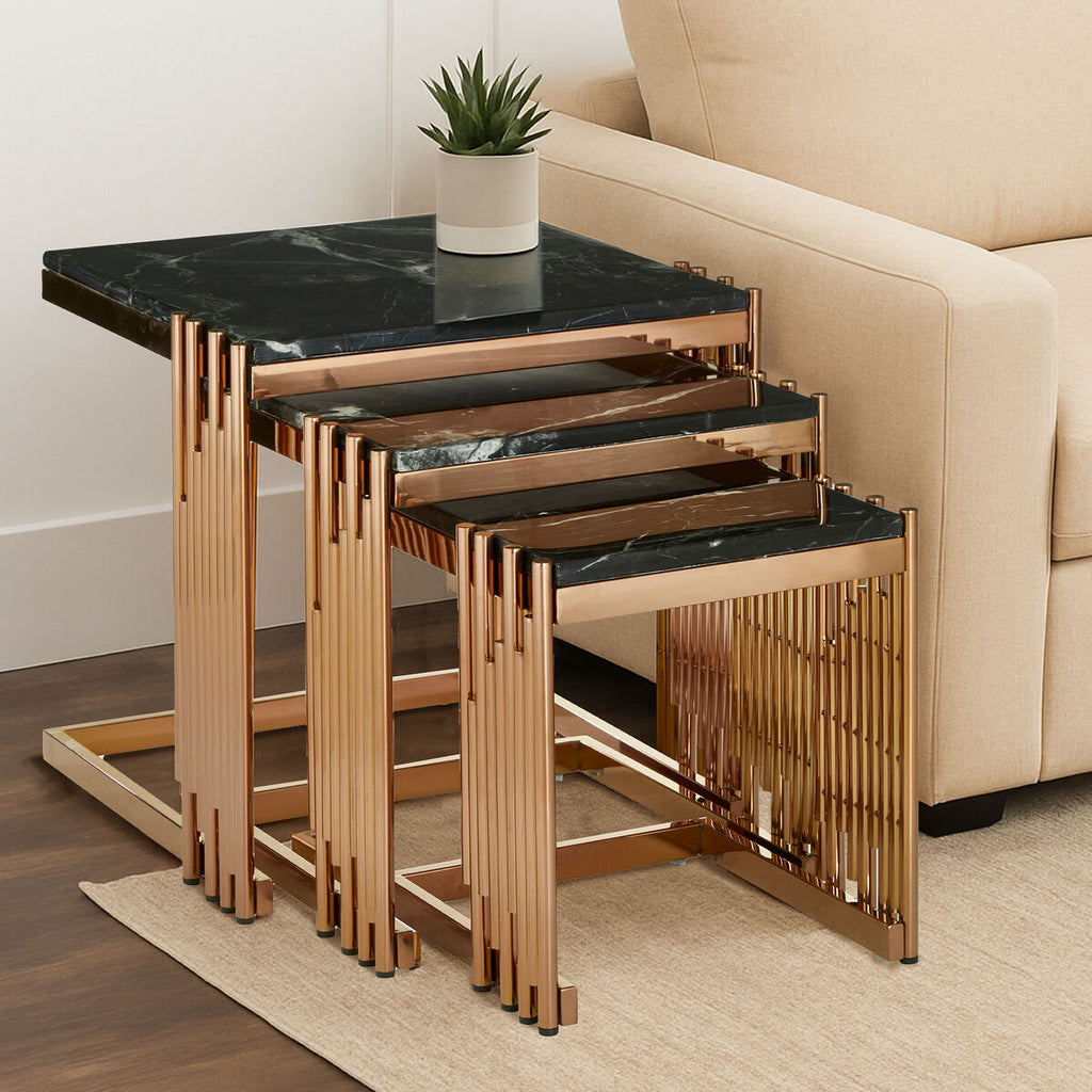 Orsina Alvaro Nest of 3 Square Tables | Black Marble & Rose Gold