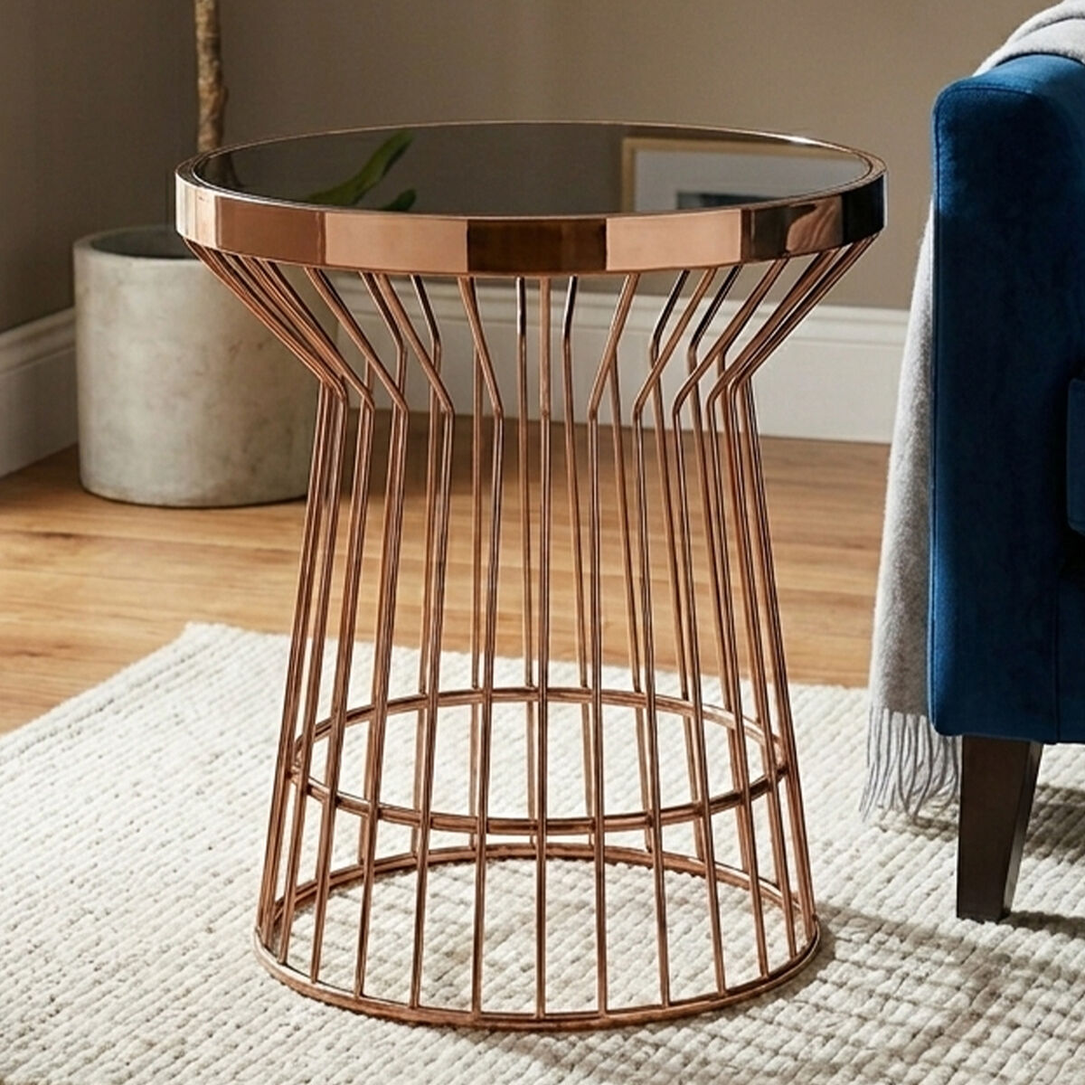 Orsina Alvaro Copper Round Side Table with Black Tempered Glass Top