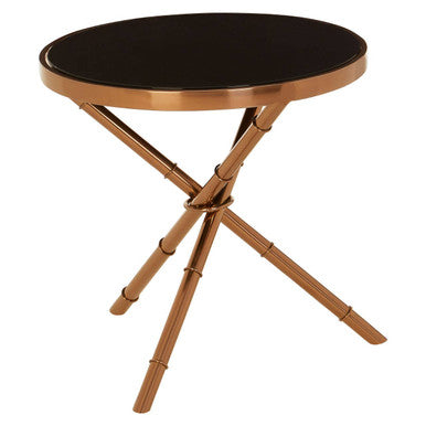 Orsina Alvaro Round Side Table – Black Glass & Rose Gold Iron Frame