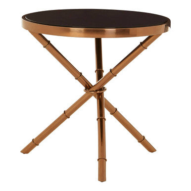 Orsina Alvaro Round Side Table – Black Glass & Rose Gold Iron Frame