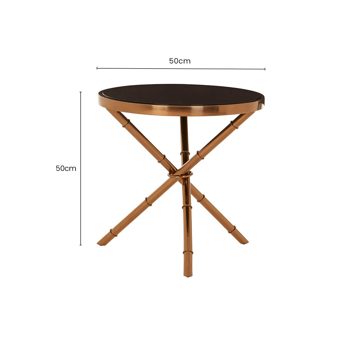 Orsina Alvaro Round Side Table – Black Glass & Rose Gold Iron Frame