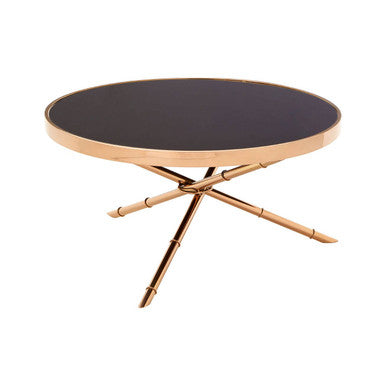 Orsina Alvaro Round Coffee Table – Black Glass & Rose Gold Iron